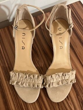Unisa Beige Ruffle Ankle-Strap Heels